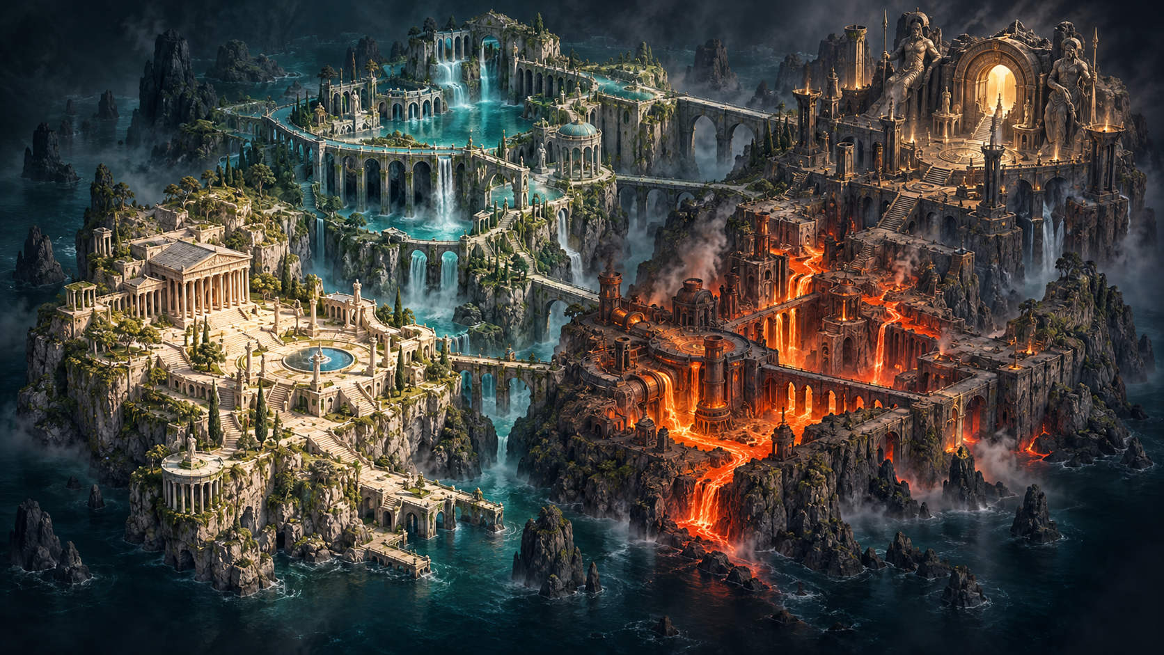 Isometric citadel with marble courts, turquoise reservoirs, volcanic foundries and a monumental Dawn Gate